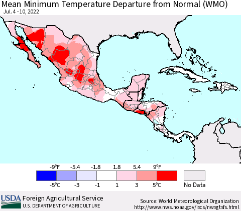 Mexico Central America and the Caribbean Mean Minimum Temperature Departure from Normal (WMO) Thematic Map For 7/4/2022 - 7/10/2022