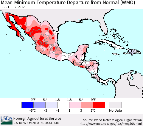 Mexico Central America and the Caribbean Mean Minimum Temperature Departure from Normal (WMO) Thematic Map For 7/11/2022 - 7/17/2022