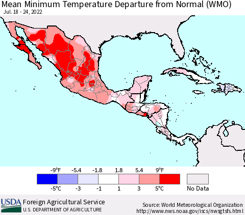 Mexico Central America and the Caribbean Mean Minimum Temperature Departure from Normal (WMO) Thematic Map For 7/18/2022 - 7/24/2022