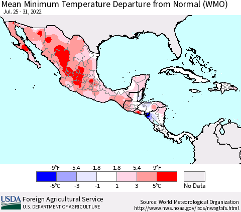 Mexico Central America and the Caribbean Mean Minimum Temperature Departure from Normal (WMO) Thematic Map For 7/25/2022 - 7/31/2022