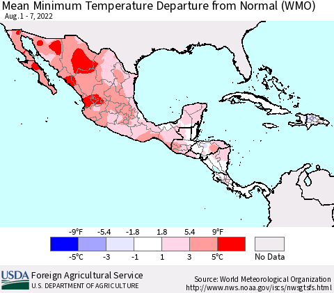 Mexico Central America and the Caribbean Mean Minimum Temperature Departure from Normal (WMO) Thematic Map For 8/1/2022 - 8/7/2022