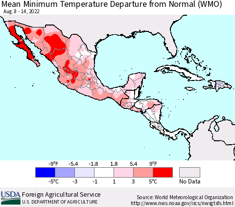 Mexico Central America and the Caribbean Mean Minimum Temperature Departure from Normal (WMO) Thematic Map For 8/8/2022 - 8/14/2022