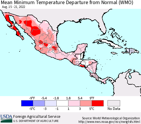 Mexico Central America and the Caribbean Mean Minimum Temperature Departure from Normal (WMO) Thematic Map For 8/15/2022 - 8/21/2022