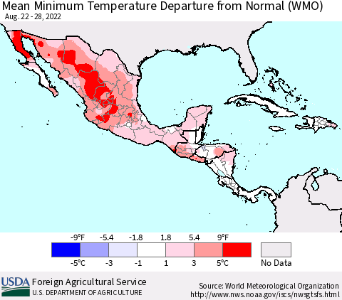 Mexico Central America and the Caribbean Mean Minimum Temperature Departure from Normal (WMO) Thematic Map For 8/22/2022 - 8/28/2022
