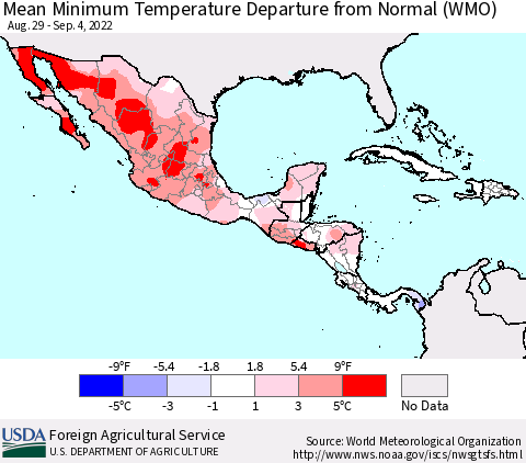 Mexico Central America and the Caribbean Mean Minimum Temperature Departure from Normal (WMO) Thematic Map For 8/29/2022 - 9/4/2022