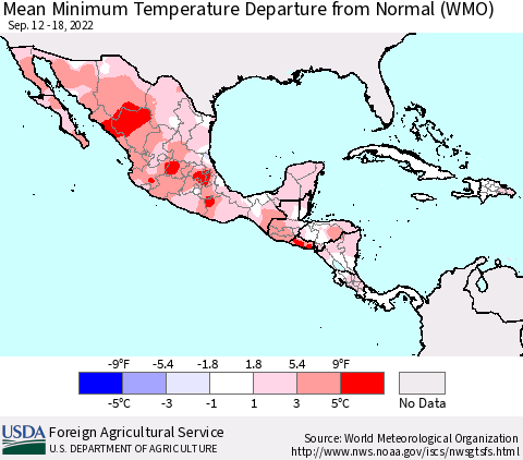 Mexico Central America and the Caribbean Mean Minimum Temperature Departure from Normal (WMO) Thematic Map For 9/12/2022 - 9/18/2022