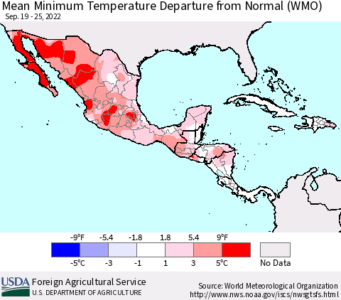 Mexico Central America and the Caribbean Mean Minimum Temperature Departure from Normal (WMO) Thematic Map For 9/19/2022 - 9/25/2022