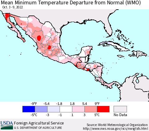Mexico Central America and the Caribbean Mean Minimum Temperature Departure from Normal (WMO) Thematic Map For 10/3/2022 - 10/9/2022