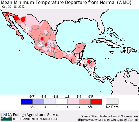 Mexico Central America and the Caribbean Mean Minimum Temperature Departure from Normal (WMO) Thematic Map For 10/10/2022 - 10/16/2022
