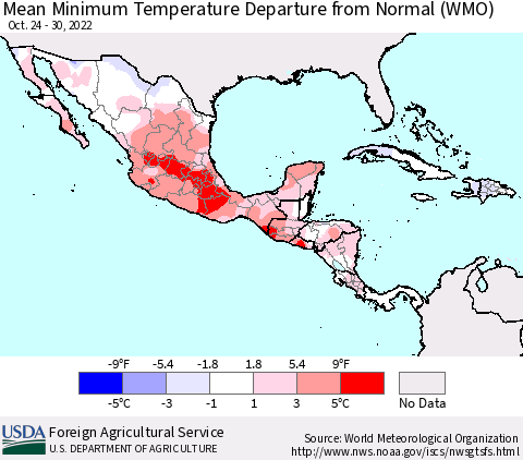 Mexico Central America and the Caribbean Mean Minimum Temperature Departure from Normal (WMO) Thematic Map For 10/24/2022 - 10/30/2022