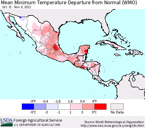 Mexico Central America and the Caribbean Mean Minimum Temperature Departure from Normal (WMO) Thematic Map For 10/31/2022 - 11/6/2022