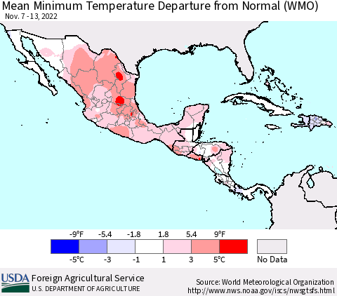 Mexico Central America and the Caribbean Mean Minimum Temperature Departure from Normal (WMO) Thematic Map For 11/7/2022 - 11/13/2022