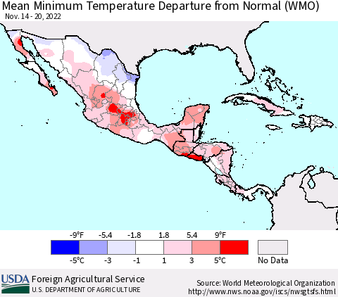 Mexico Central America and the Caribbean Mean Minimum Temperature Departure from Normal (WMO) Thematic Map For 11/14/2022 - 11/20/2022