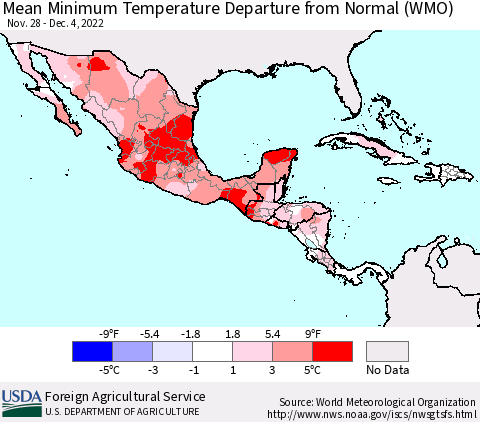 Mexico Central America and the Caribbean Mean Minimum Temperature Departure from Normal (WMO) Thematic Map For 11/28/2022 - 12/4/2022