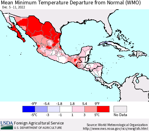 Mexico Central America and the Caribbean Mean Minimum Temperature Departure from Normal (WMO) Thematic Map For 12/5/2022 - 12/11/2022