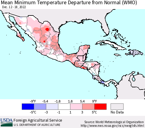 Mexico Central America and the Caribbean Mean Minimum Temperature Departure from Normal (WMO) Thematic Map For 12/12/2022 - 12/18/2022