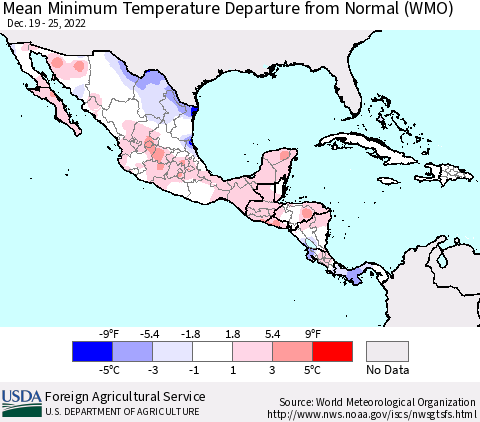 Mexico Central America and the Caribbean Mean Minimum Temperature Departure from Normal (WMO) Thematic Map For 12/19/2022 - 12/25/2022