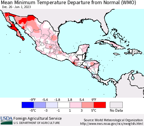Mexico Central America and the Caribbean Mean Minimum Temperature Departure from Normal (WMO) Thematic Map For 12/26/2022 - 1/1/2023