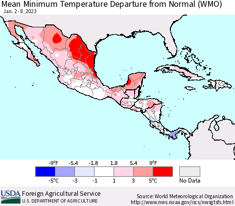 Mexico Central America and the Caribbean Mean Minimum Temperature Departure from Normal (WMO) Thematic Map For 1/2/2023 - 1/8/2023