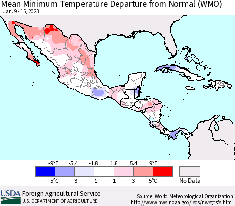 Mexico Central America and the Caribbean Mean Minimum Temperature Departure from Normal (WMO) Thematic Map For 1/9/2023 - 1/15/2023