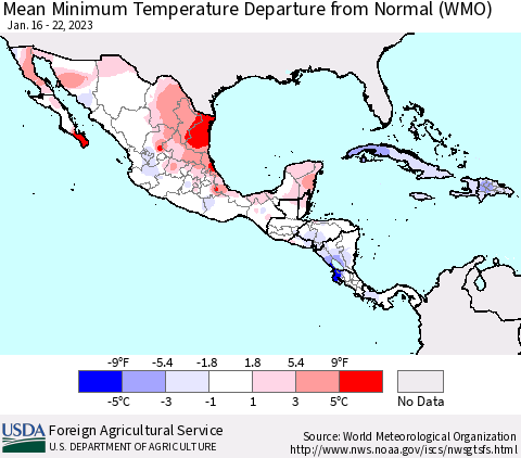 Mexico Central America and the Caribbean Mean Minimum Temperature Departure from Normal (WMO) Thematic Map For 1/16/2023 - 1/22/2023