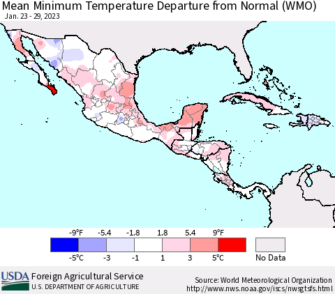 Mexico Central America and the Caribbean Mean Minimum Temperature Departure from Normal (WMO) Thematic Map For 1/23/2023 - 1/29/2023