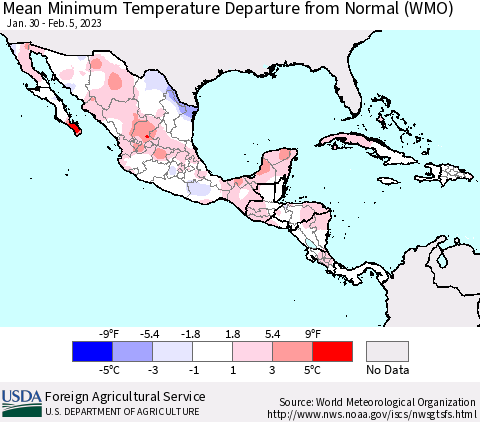 Mexico Central America and the Caribbean Mean Minimum Temperature Departure from Normal (WMO) Thematic Map For 1/30/2023 - 2/5/2023