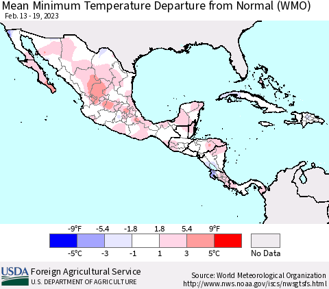 Mexico Central America and the Caribbean Mean Minimum Temperature Departure from Normal (WMO) Thematic Map For 2/13/2023 - 2/19/2023
