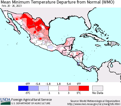 Mexico Central America and the Caribbean Mean Minimum Temperature Departure from Normal (WMO) Thematic Map For 2/20/2023 - 2/26/2023