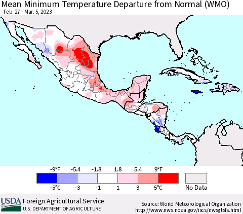 Mexico Central America and the Caribbean Mean Minimum Temperature Departure from Normal (WMO) Thematic Map For 2/27/2023 - 3/5/2023
