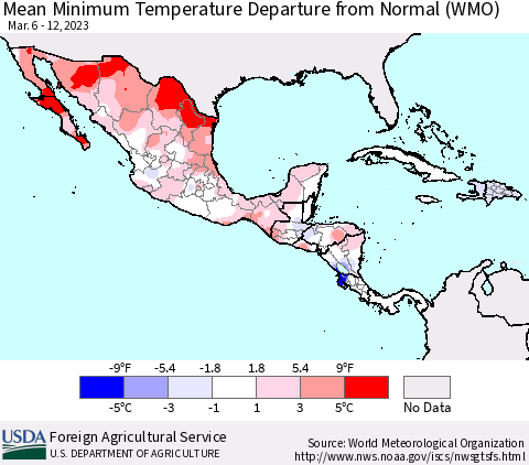 Mexico Central America and the Caribbean Mean Minimum Temperature Departure from Normal (WMO) Thematic Map For 3/6/2023 - 3/12/2023