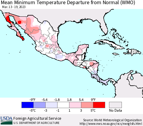 Mexico Central America and the Caribbean Mean Minimum Temperature Departure from Normal (WMO) Thematic Map For 3/13/2023 - 3/19/2023