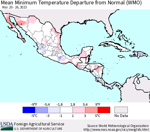 Mexico Central America and the Caribbean Mean Minimum Temperature Departure from Normal (WMO) Thematic Map For 3/20/2023 - 3/26/2023