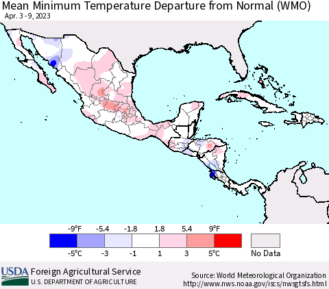 Mexico Central America and the Caribbean Mean Minimum Temperature Departure from Normal (WMO) Thematic Map For 4/3/2023 - 4/9/2023