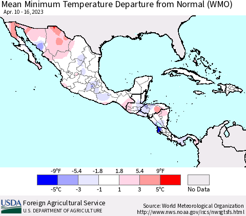 Mexico Central America and the Caribbean Mean Minimum Temperature Departure from Normal (WMO) Thematic Map For 4/10/2023 - 4/16/2023