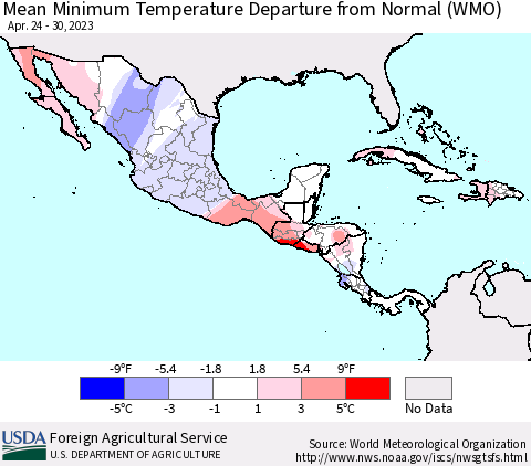 Mexico Central America and the Caribbean Mean Minimum Temperature Departure from Normal (WMO) Thematic Map For 4/24/2023 - 4/30/2023