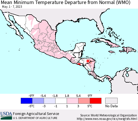 Mexico Central America and the Caribbean Mean Minimum Temperature Departure from Normal (WMO) Thematic Map For 5/1/2023 - 5/7/2023