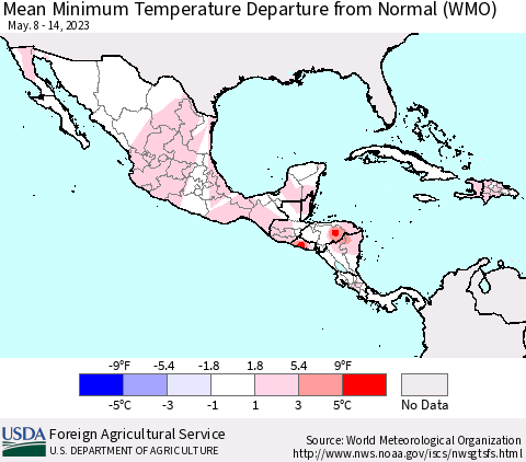 Mexico Central America and the Caribbean Mean Minimum Temperature Departure from Normal (WMO) Thematic Map For 5/8/2023 - 5/14/2023