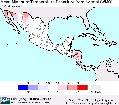 Mexico Central America and the Caribbean Mean Minimum Temperature Departure from Normal (WMO) Thematic Map For 5/15/2023 - 5/21/2023