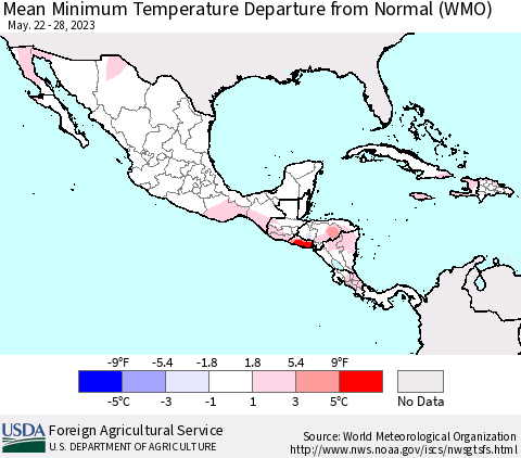 Mexico Central America and the Caribbean Mean Minimum Temperature Departure from Normal (WMO) Thematic Map For 5/22/2023 - 5/28/2023
