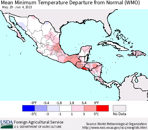 Mexico Central America and the Caribbean Mean Minimum Temperature Departure from Normal (WMO) Thematic Map For 5/29/2023 - 6/4/2023