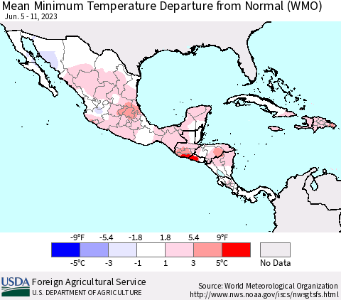 Mexico Central America and the Caribbean Mean Minimum Temperature Departure from Normal (WMO) Thematic Map For 6/5/2023 - 6/11/2023