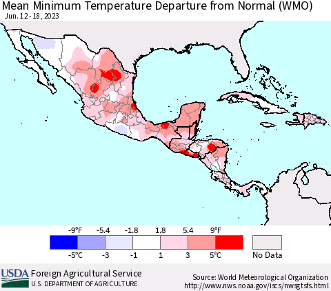 Mexico Central America and the Caribbean Mean Minimum Temperature Departure from Normal (WMO) Thematic Map For 6/12/2023 - 6/18/2023