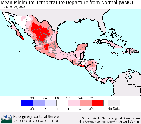 Mexico Central America and the Caribbean Mean Minimum Temperature Departure from Normal (WMO) Thematic Map For 6/19/2023 - 6/25/2023