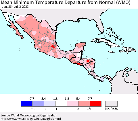 Mexico Central America and the Caribbean Mean Minimum Temperature Departure from Normal (WMO) Thematic Map For 6/26/2023 - 7/2/2023