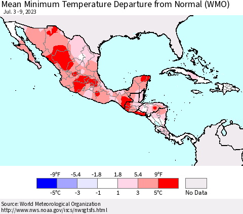 Mexico Central America and the Caribbean Mean Minimum Temperature Departure from Normal (WMO) Thematic Map For 7/3/2023 - 7/9/2023