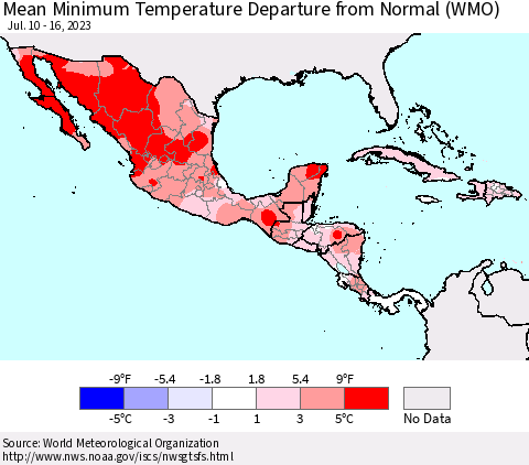 Mexico Central America and the Caribbean Mean Minimum Temperature Departure from Normal (WMO) Thematic Map For 7/10/2023 - 7/16/2023