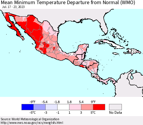 Mexico Central America and the Caribbean Mean Minimum Temperature Departure from Normal (WMO) Thematic Map For 7/17/2023 - 7/23/2023