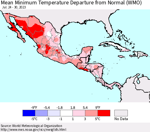Mexico Central America and the Caribbean Mean Minimum Temperature Departure from Normal (WMO) Thematic Map For 7/24/2023 - 7/30/2023