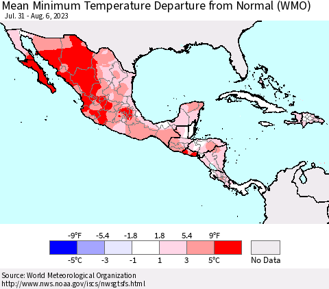 Mexico Central America and the Caribbean Mean Minimum Temperature Departure from Normal (WMO) Thematic Map For 7/31/2023 - 8/6/2023